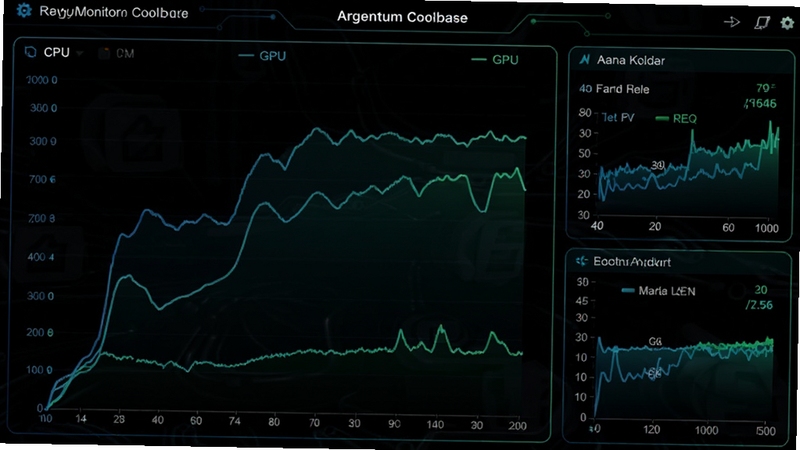 Argentum Coolbase 实时监控界面,画面中央为CPU与GPU温度曲线图,右侧显示风扇转速与功耗数值,背景为纯黑科技风格,线条使用蓝绿渐变,整体清晰易读,适配Boogu模型生成