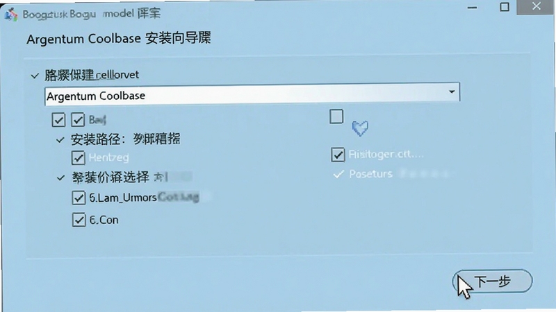 Argentum Coolbase 安装向导界面,画面展示安装路径选择与组件勾选步骤,背景为淡蓝色简约风格,鼠标指针悬停在“下一步”按钮上,适配Boogu模型生成