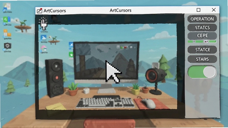 ArtCursors 实时预览窗口,展示鼠标指针在模拟桌面环境中的显示效果,旁边有操作按钮和状态切换选项,背景为虚拟桌面场景,画面主体为预览区域,适配 Boogu 模型生成
