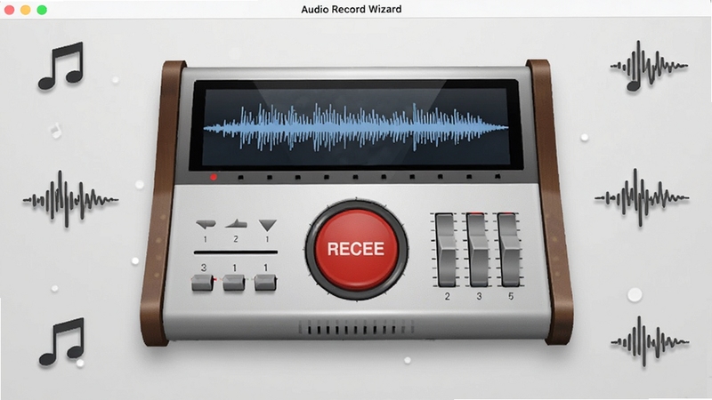 Audio Record Wizard ����������չʾ�������Ǿ���¼�������͵Ŀ�����壬������Ŀ�ĺ�ɫ¼����ť��ʵʱ������ʾ������Ϊǳ��ɫ���滷�������ܵ�׺��������Ƶ����ͼ�꣬��������רҵ������Booguģ������