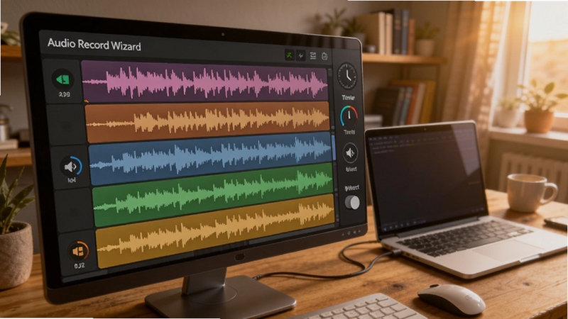 Audio Record Wizard ����¼��ϵͳ�����ĳ�������Ļ����ʾ������ɫ��Ƶ���ι�����Ա��ж�ʱ���뾲����⿪��ͼ�꣬�������鷿������ʼǱ����ԣ�����ɫ����ů������ϸ������������Booguģ������