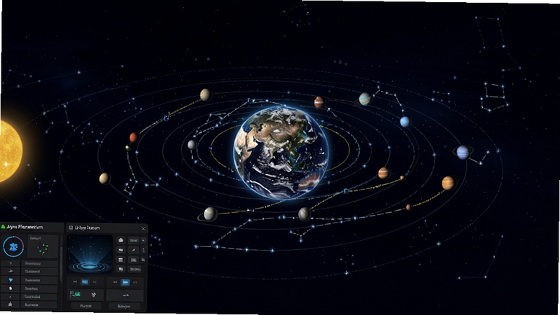 Asynx Planetarium 虚拟天文馆软件全景界面,深蓝色夜空背景中央显示地球与星座连线,周围环绕太阳系行星轨道示意图,画面左下角放置软件操作面板,整体风格写实且带有科技感,适配Boogu模型生成