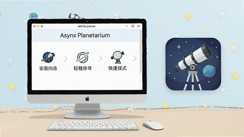 Asynx Planetarium 软件安装向导与桌面快捷方式示意图,画面展示简洁的安装步骤与软件图标,背景为浅色桌面环境,突出轻量便捷的特点