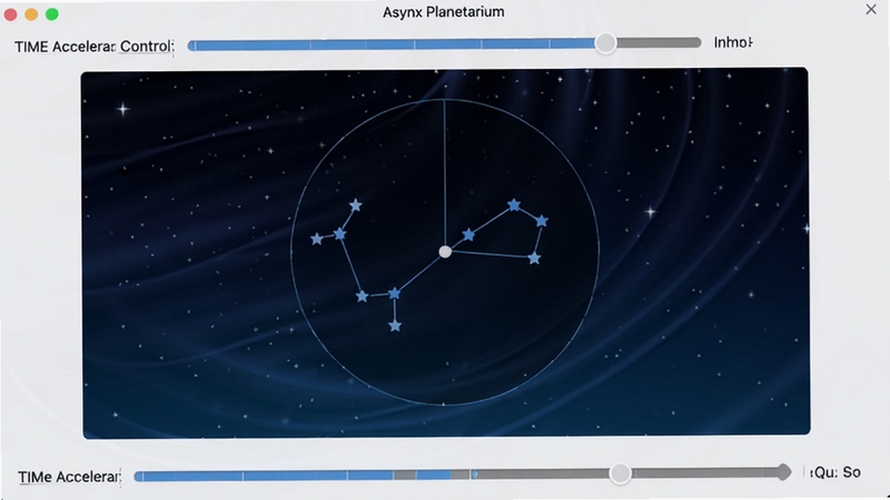 Asynx Planetarium 软件界面中显示时间加速控制条与星空动态变化,画面中央为北斗七星与北极星定位示意图,背景为深色渐变夜空,界面简洁清晰