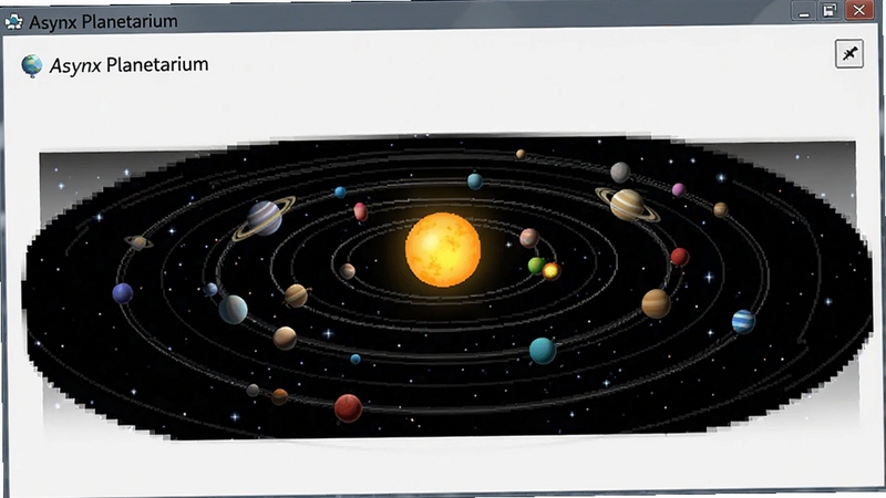 Asynx Planetarium 太阳系天体运行模拟画面,展示行星围绕太阳的轨道与相对位置,画面带有半透明轨道线,背景为黑色太空,点缀少量恒星,适合作为软件功能展示图