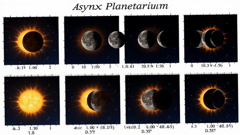 Asynx Planetarium 模拟日食过程画面,展示太阳被月球逐渐遮挡的序列图,背景为深色天空,画面带有时间刻度与地理位置标注,适合天文教学演示