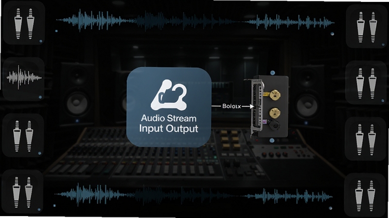 软件核心全貌展示图,画面中央为Audio Stream Input Output驱动标识与声卡设备连接示意,背景区域采用深色录音棚环境,四周点缀波形与音频接口图标,整体风格专业科技感,适配Boogu模型生成。