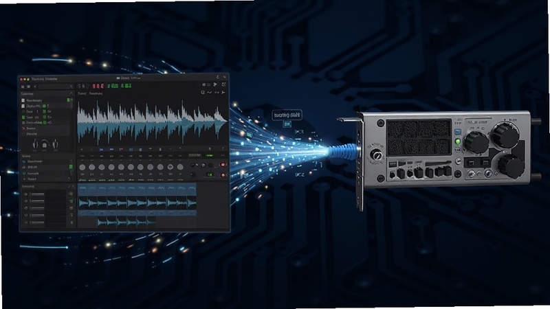 Audio Stream Input Output低延迟音频传输示意图,画面左侧为音频软件界面,右侧为外置声卡,中间以发光数据流直接连接,背景为深蓝色科技纹理,突出低延迟与高同步概念。