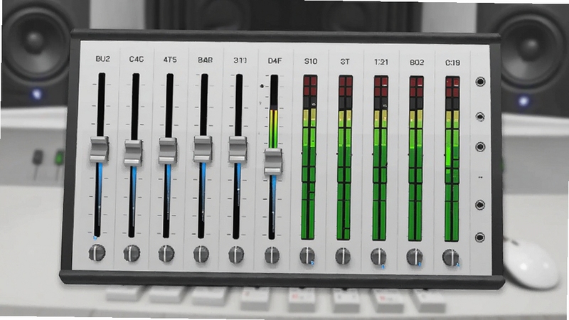 Audio Stream Input Output缓冲控制面板概念图,画面展示一个虚拟调音台界面,带有缓冲滑块与通道电平表,背景为浅灰色工作室桌面,风格简洁专业。