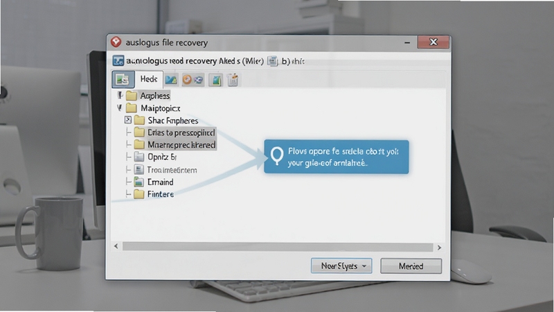 auslogics file recovery 恢复文件保存路径选择对话框,画面展示文件夹树形结构,背景为柔和灰色办公场景,突出安全保存的操作引导