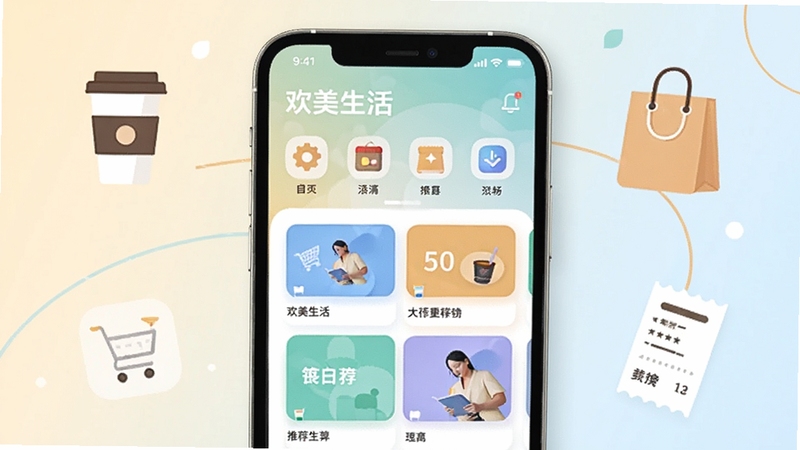 画面主体为一部竖屏智能手机居中放置,屏幕内展示欢美生活应用首页界面,包含功能图标与推荐卡片,背景为柔和渐变浅色系,周围点缀简约生活元素如咖啡杯、购物袋、小票等扁平化图标,整体风格清新明亮,适合应用商店展示与下载页面使用。