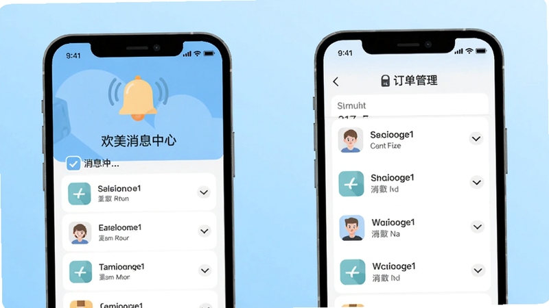手机界面展示欢美生活消息中心与订单管理页面,画面采用扁平化插画风格,背景为浅蓝色渐变,包含铃铛图标与列表元素,整体干净整洁,体现高效管理的生活态度。