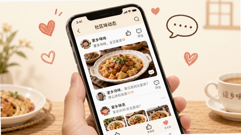 ����ζ���������������棬������һ���ֻ���ʾ����ζAPP��������̬ҳ�棬���û������ļ�����ʳ��Ƭ���������ۣ��Ա��е��޺�����ͼ�꣬����Ϊ��͵��װ�ɫ����׺һЩ�ֻ���İ��ĺͶԻ����ݣ������Χ��ܰ�Ѻ�