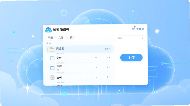 问道云 主界面在画面中央,展示文件列表和上传按钮,背景是浅蓝色渐变科技感云朵图案,整体风格简洁明亮,突出问道云品牌标识