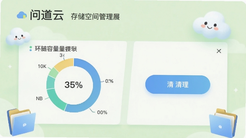 问道云 存储空间管理界面,显示环形容量图表和清理按钮,背景为淡绿色清新风格,有云朵和文件夹装饰