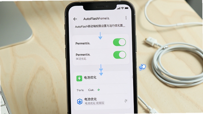 AutoFlash移动端权限设置与运行优化界面,画面主体为手机屏幕展示权限开关与电池优化选项,背景为浅色桌面与充电线,整体色调明亮清晰,突出操作指引感