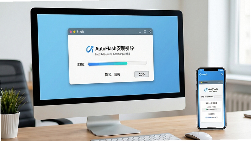 AutoFlash安装引导界面,画面主体为电脑屏幕展示安装向导窗口与进度条,背景为简洁办公桌面,旁边放置手机展示移动端安装界面,整体色调清爽,突出步骤清晰与易用性