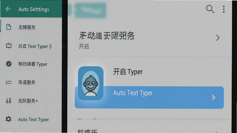 Auto Text Typer 移动端权限设置界面示意图,画面展示安卓手机无障碍服务开启页面,Auto Text Typer 图标高亮显示,背景为手机设置菜单,简洁扁平风格