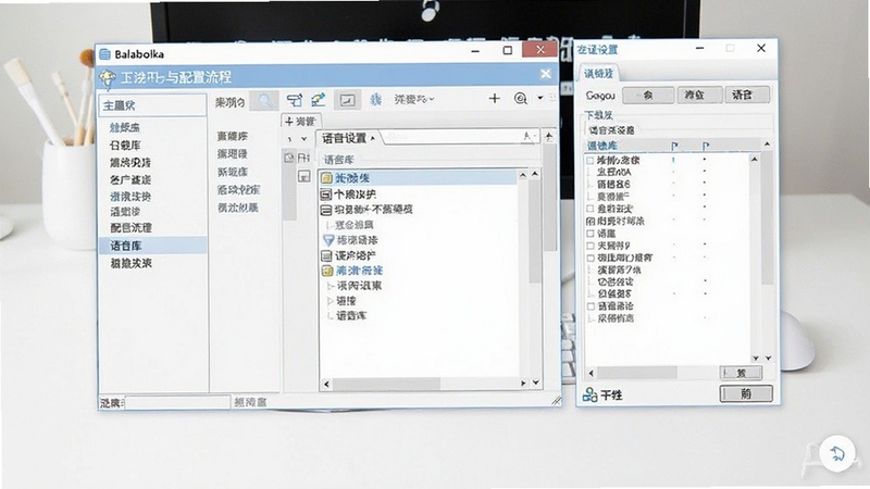 Balabolka软件的主界面与语音设置面板同时展示,画面中有中文菜单和语音库列表,背景为干净的白色桌面,用于说明下载与配置流程,适配Boogu模型生成