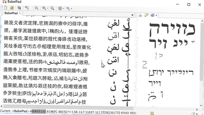 BabelPad 编辑区展示多语种混排效果,左侧是中文段落,中间穿插阿拉伯文从右向左的文本,右侧是希伯来文,光标位于文本中间,软件界面底部状态栏显示当前字符的 Unicode 编码,整体画面体现多语言处理能力,BabelPad 软件名称在窗口顶部醒目位置