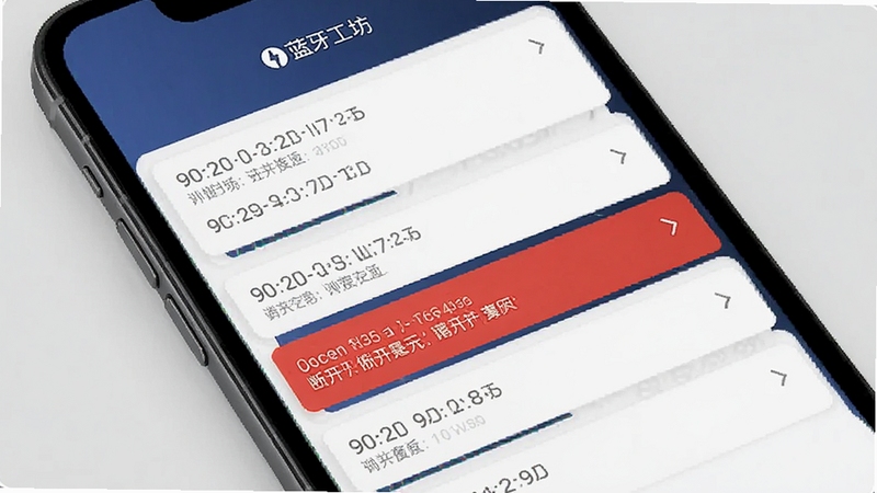 蓝牙工坊连接日志界面,手机屏幕显示带时间戳的连接事件列表,部分条目用红色标注断开原因,背景为深蓝色渐变,画面简洁专业,包含蓝牙工坊字样