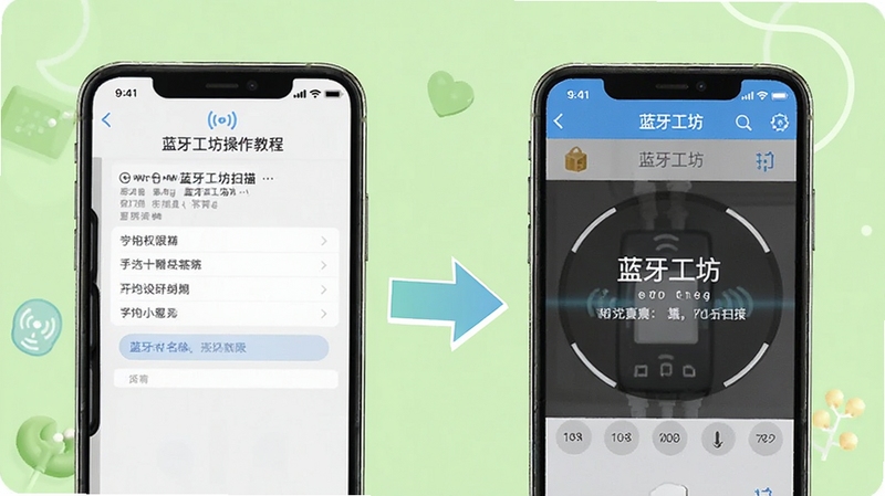 蓝牙工坊操作教程示意图,画面左侧为手机权限设置界面,右侧为蓝牙工坊扫描界面,中间用箭头连接,背景为浅绿色清新风格,画面包含蓝牙工坊名称,适合新手教程配图