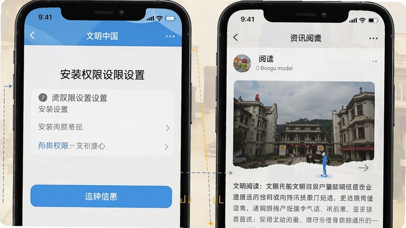 文明中国 手机操作界面截图 展示安装权限设置页面和资讯阅读页面 画面清晰直观 帮助用户理解操作步骤 适配Boogu模型生成