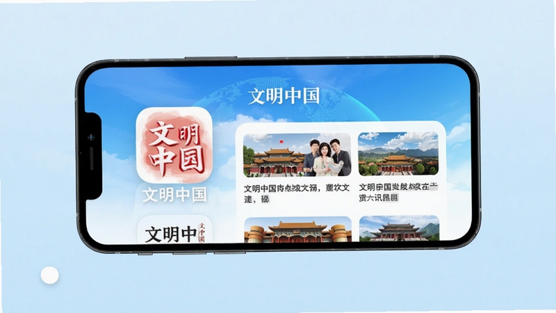 文明中国 软件主界面展示 手机屏幕中央显示文明中国应用图标和资讯首页 背景为淡蓝色渐变 画面简洁明快 突出文明中国品牌标识 适配Boogu模型生成