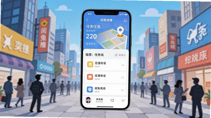 画面中央展示一部智能手机,屏幕内呈现阅兔地推应用界面,包含任务列表与地图定位图标,背景为城市商业街区与人群剪影,整体色调明亮、科技感十足,风格为扁平化插画,适配Boogu模型生成