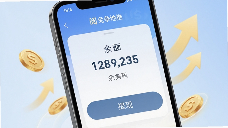 阅兔地推应用内佣金结算页面特写,手机屏幕显示余额数字与提现按钮,周围环绕金币与上升箭头元素,背景为浅蓝色渐变,风格简洁现代,突出财务安全感