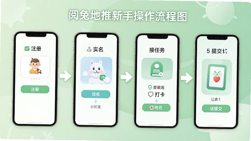 阅兔地推新手操作流程图,手机界面依次展示注册、实名、接任务、打卡、提交五个步骤,配以箭头引导,背景为柔和绿色调,风格清新易懂