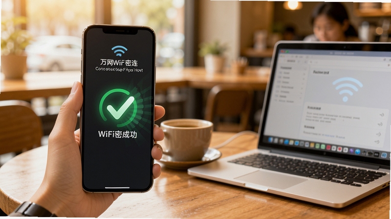 万网WiFi密连免费软件功能展示图,画面中一部手机正在自动连接WiFi热点,屏幕上有明显的连接成功对勾动画,背景是咖啡厅场景,桌面上放着咖啡杯和笔记本电脑,色调温暖明亮,突出便捷快速的产品特点。