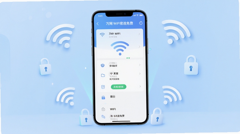 一款名为万网WiFi密连免费的手机应用界面展示图,画面中央是一部竖屏智能手机,屏幕显示简洁的WiFi连接列表界面,背景为柔和的浅蓝色渐变,周围漂浮着WiFi信号图标和锁形标志,整体风格清新科技感,适配Boogu模型生成。