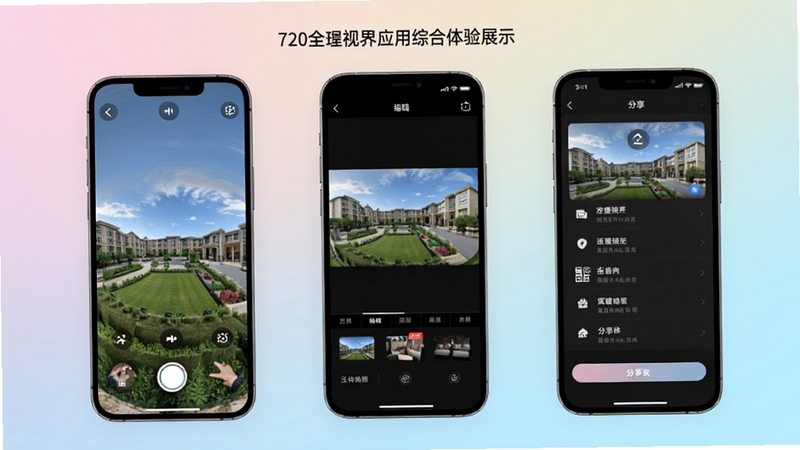 720全景视界应用综合体验展示,画面中手机屏幕显示全景社区、编辑界面与分享面板三屏并排,背景为柔和的渐变色彩,突出功能全面与操作流畅