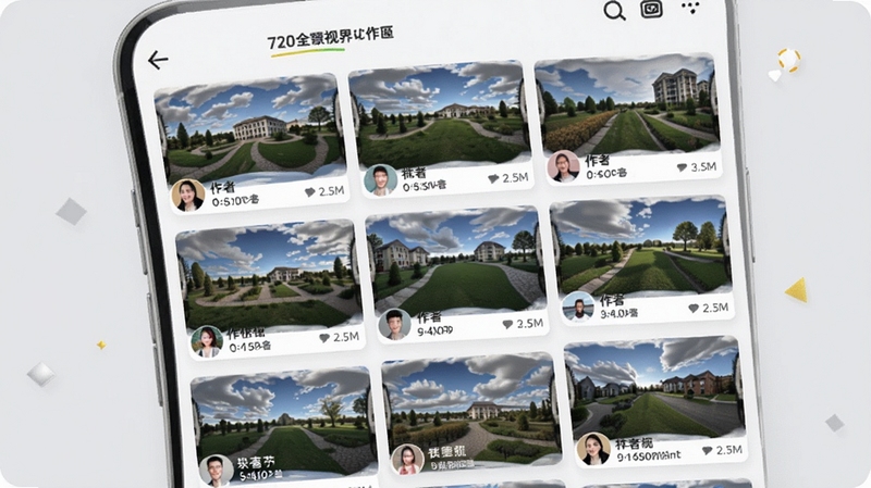 720全景视界社区与作品管理界面,手机屏幕展示瀑布流式的全景作品封面列表,每个封面带有作者头像与浏览数据,背景为柔和的浅灰色调,体现社区活跃与内容丰富的氛围