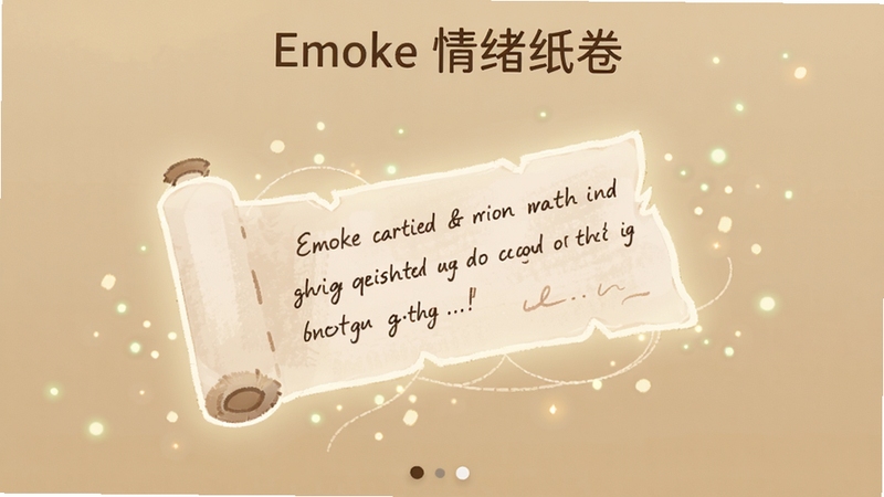 Emoke情绪纸卷情绪纸条书写界面,画面中央是一张展开的虚拟纸条,上面有手写文字,背景是温暖的米黄色调,周围点缀着微光粒子,整体风格治愈安静,软件名称Emoke情绪纸卷显示在画面顶部
