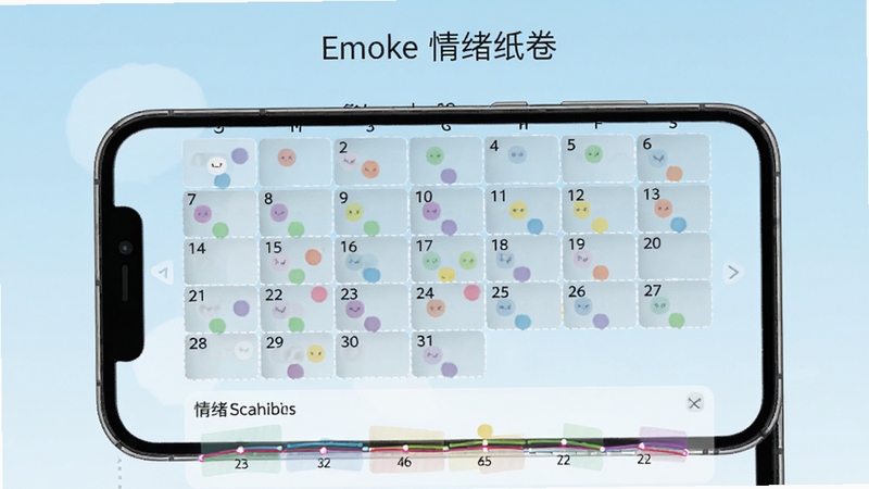 Emoke情绪纸卷情绪日记日历界面,手机屏幕显示月历视图,部分日期标注了彩色情绪圆点,下方有情绪标签统计图表,整体界面清爽简洁,背景为淡蓝色渐变,软件名称Emoke情绪纸卷出现在屏幕上方
