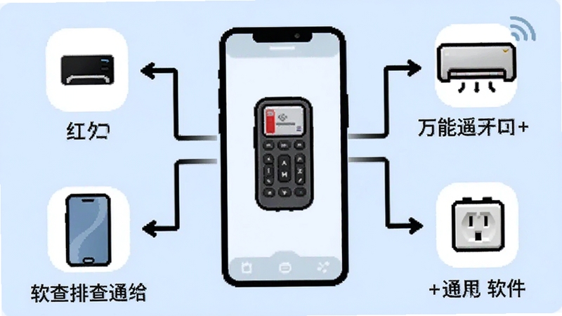 万能空调遥控通用+软件的问题排查流程图,画面以手机屏幕为中心,周围环绕着几个图标分别代表红外口、空调、手机壳、电源插座,用箭头连接形成排查步骤,背景为浅蓝色,整体风格信息图,清晰直观