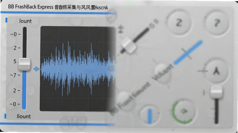 BB FlashBack Express 音频采集与麦克风设置面板特写,画面主体位于左侧展示音量调节滑块与波形图,背景为浅灰色半透明磨砂质感,细节处带有蓝色高亮指示条,整体呈现清晰易读的操作界面效果