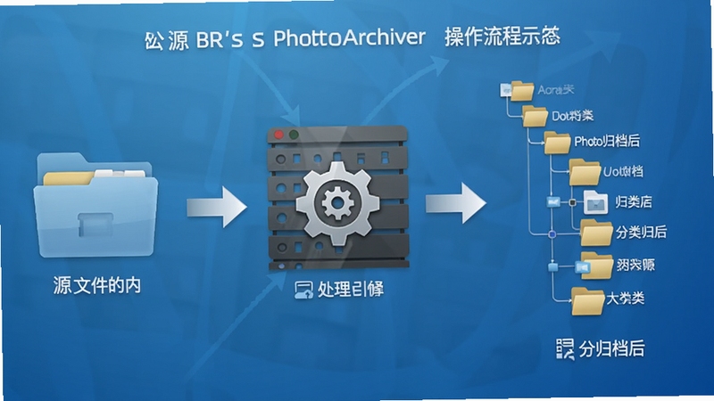 BR's PhotoArchiver ��������ʾ��ͼ���������ΪԴ�ļ���ͼ�꣬�м�Ϊ������������ͼ�꣬�Ҳ�Ϊ����鵵����ļ�����״ͼ������Ϊ������ɫ���䣬ͻ�����̵��������߼���