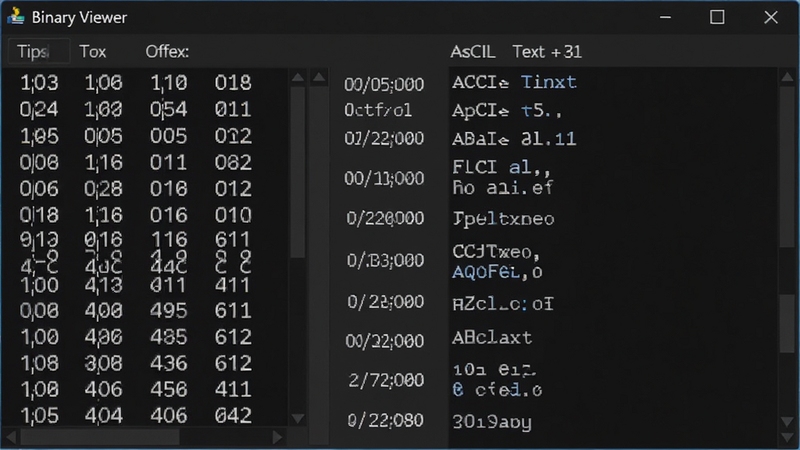 Binary Viewer 十六进制与文本双视图界面展示,软件名称 Binary Viewer 出现在标题栏,左侧为十六进制数值列,右侧为ASCII文本列,中间有偏移地址栏,整体采用深色主题,界面清爽专业