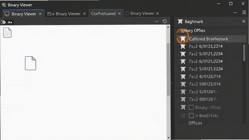 Binary Viewer 多标签页与书签管理功能展示,软件名称 Binary Viewer 在标签栏可见,多个文件标签并排显示,书签面板列出已标记的偏移地址,界面采用深灰色调,突出书签图标与标签切换区域