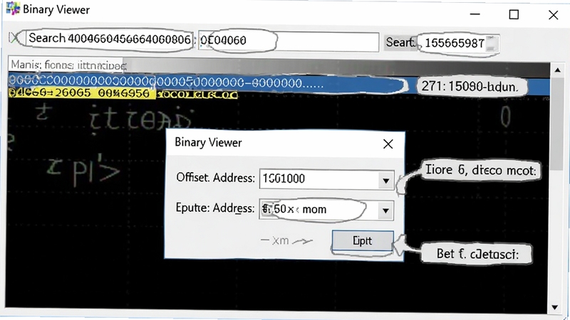 Binary Viewer 字节搜索与跳转功能界面截图,软件名称 Binary Viewer 显示在窗口顶部,搜索框内输入十六进制序列,下方高亮显示匹配结果,偏移地址跳转对话框弹出,整体采用浅色主题,界面元素清晰标注