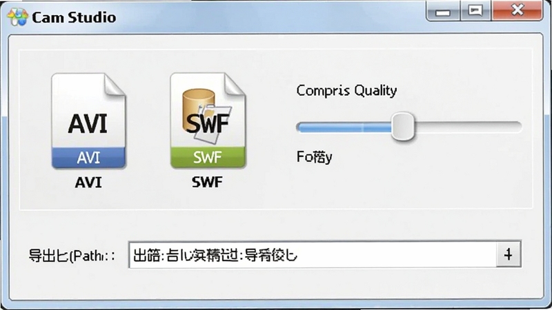 CamStudio视频导出格式选择界面,画面显示AVI和SWF两个文件格式图标,旁边有压缩质量滑块和导出路径设置框,整体布局整洁
