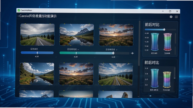 Caesium软件批量压缩功能演示,画面展示多张图片正在被同时压缩处理,界面中显示压缩进度条和前后体积对比数据,背景为科技感十足的蓝色渐变色调,突出软件的高效批量处理能力