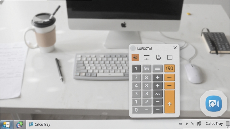 CalcuTray����ͼ����Windows���������½ǣ������������̵����������࣬����Ϊǳ��ɫ�칫���棬ͼ�������ɼ�