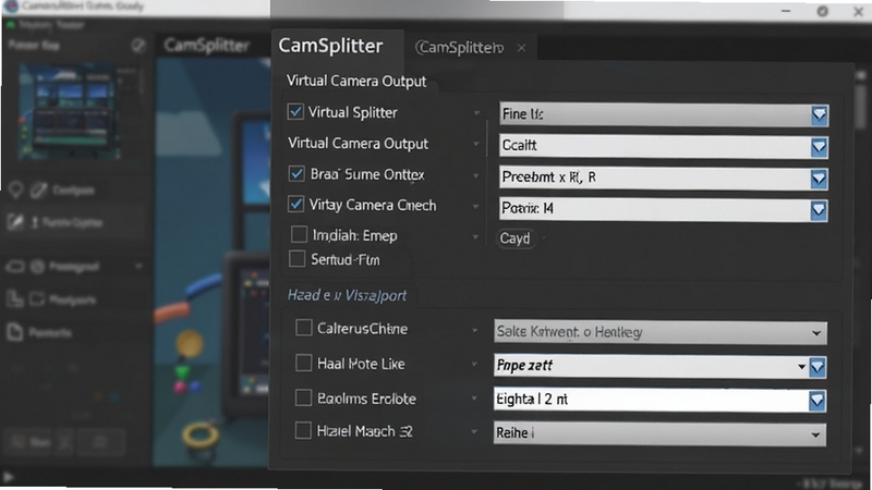 CamSplitter 软件设置面板截图,显示虚拟摄像头输出选项与热键配置区域,界面为深灰色主题,带有多个复选框与下拉菜单,背景为模糊的软件主界面