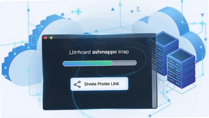 ashampoo snap 快速分享与云端上传功能示意图,屏幕上有上传进度条和分享链接图标,背景为云朵和服务器抽象图形,科技蓝色调