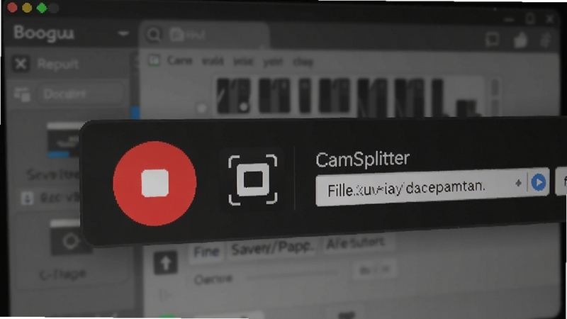 CamSplitter 录制功能界面特写,画面中显示录制按钮为红色激活状态,旁边有截图图标和文件保存路径设置,背景为半透明的软件操作面板,整体色调偏暗以突出功能按钮,适配 Boogu 模型生成