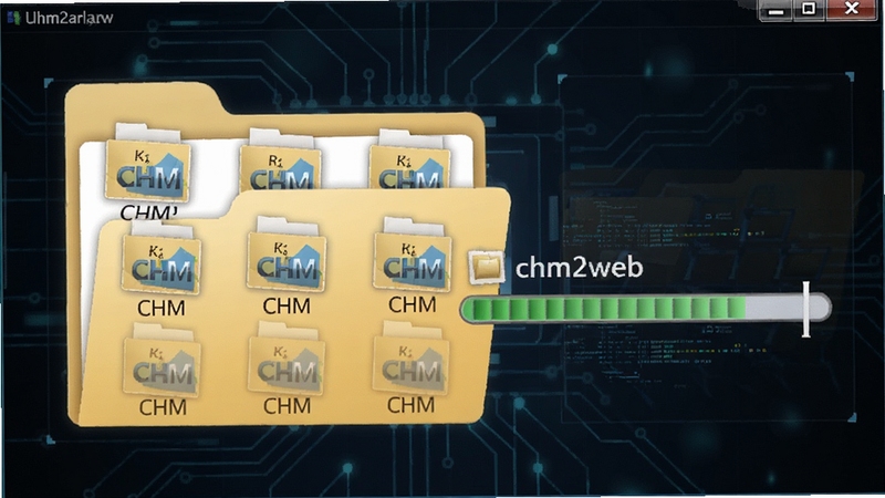 chm2web批量转换多个CHM文件场景,画面展示文件夹中多个CHM图标同时被处理,进度条显示转换状态,背景为深色科技感界面,突出批量高效特点